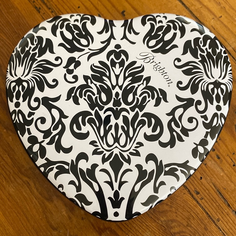 Brighton Vintage Heart Tin Black White Floral 5.5” Empty Container Box